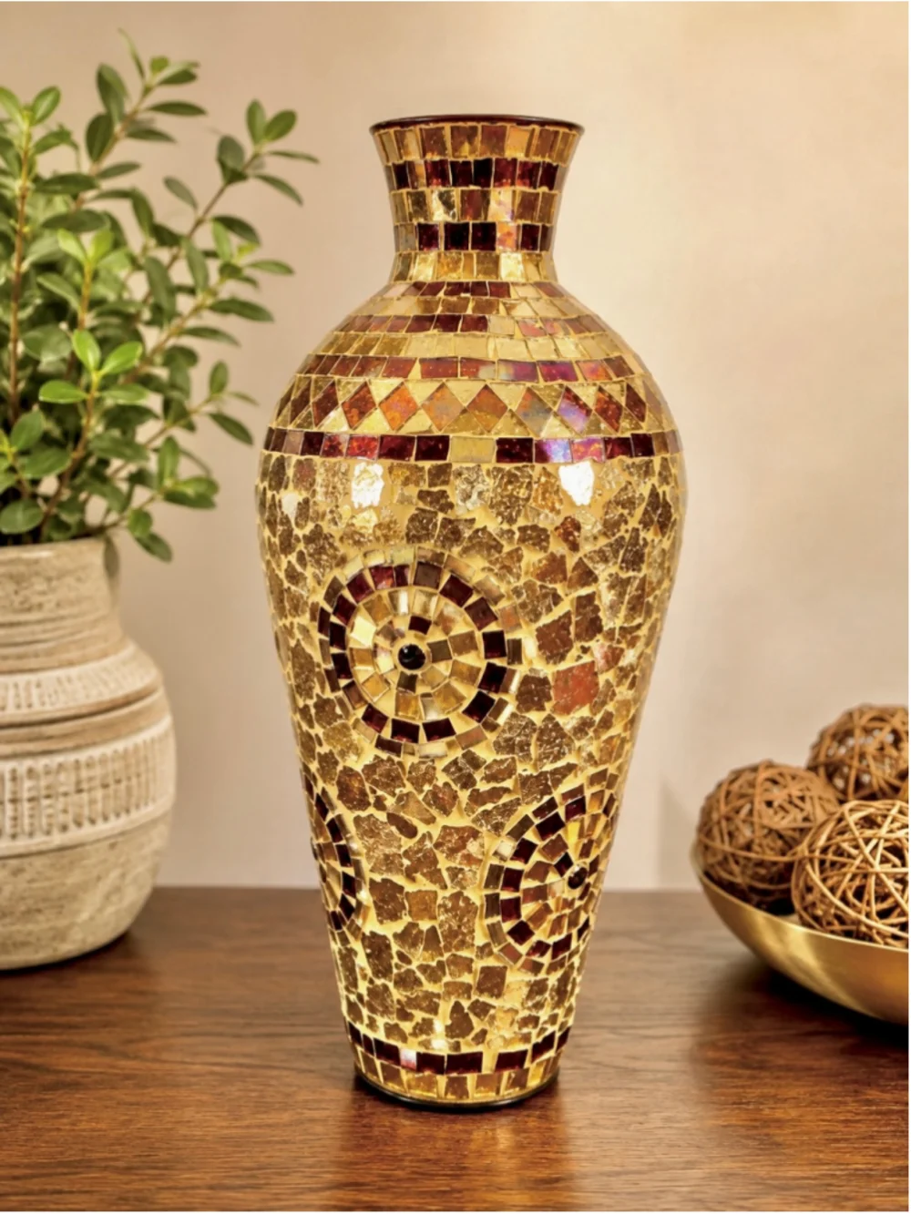 Pier 1 Mosaic Decorative Vase – Bronze, Gold & Red – 14”